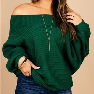 Off the shoulder darn green sweater